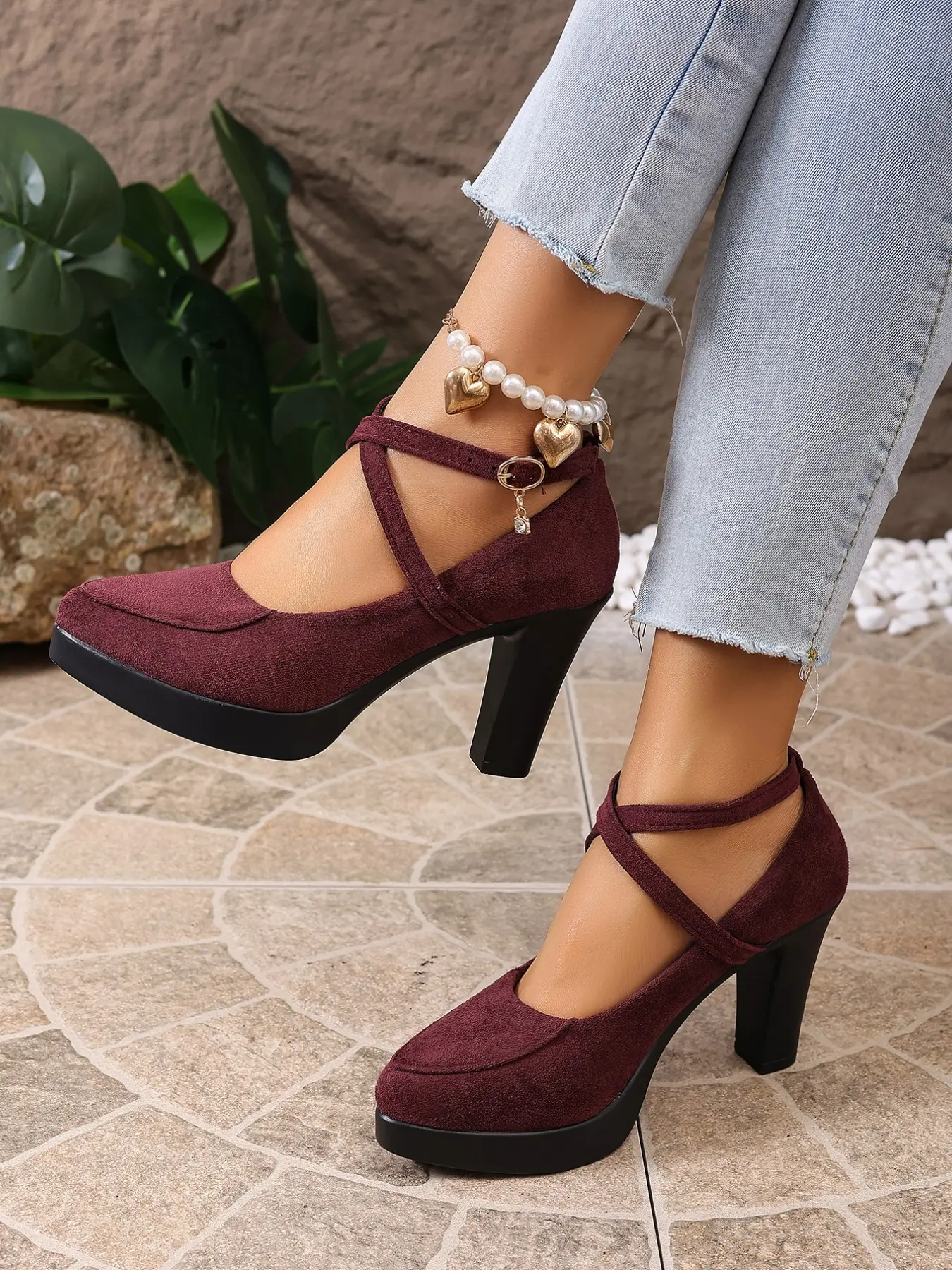French Retro Cross Strap Platform Heels, Vintage Round Toe Leather Upper, Thick Sole Mary Jane Style, platform mary janes, Mary Jane Footwear, Fashionable Stylish Women's Shoes