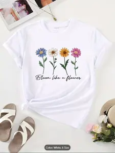 Cute Flower & Letter Print Casual T-shirt, Crew Neck Short Sleeve Top For Spring & Summer, Women's Clothing