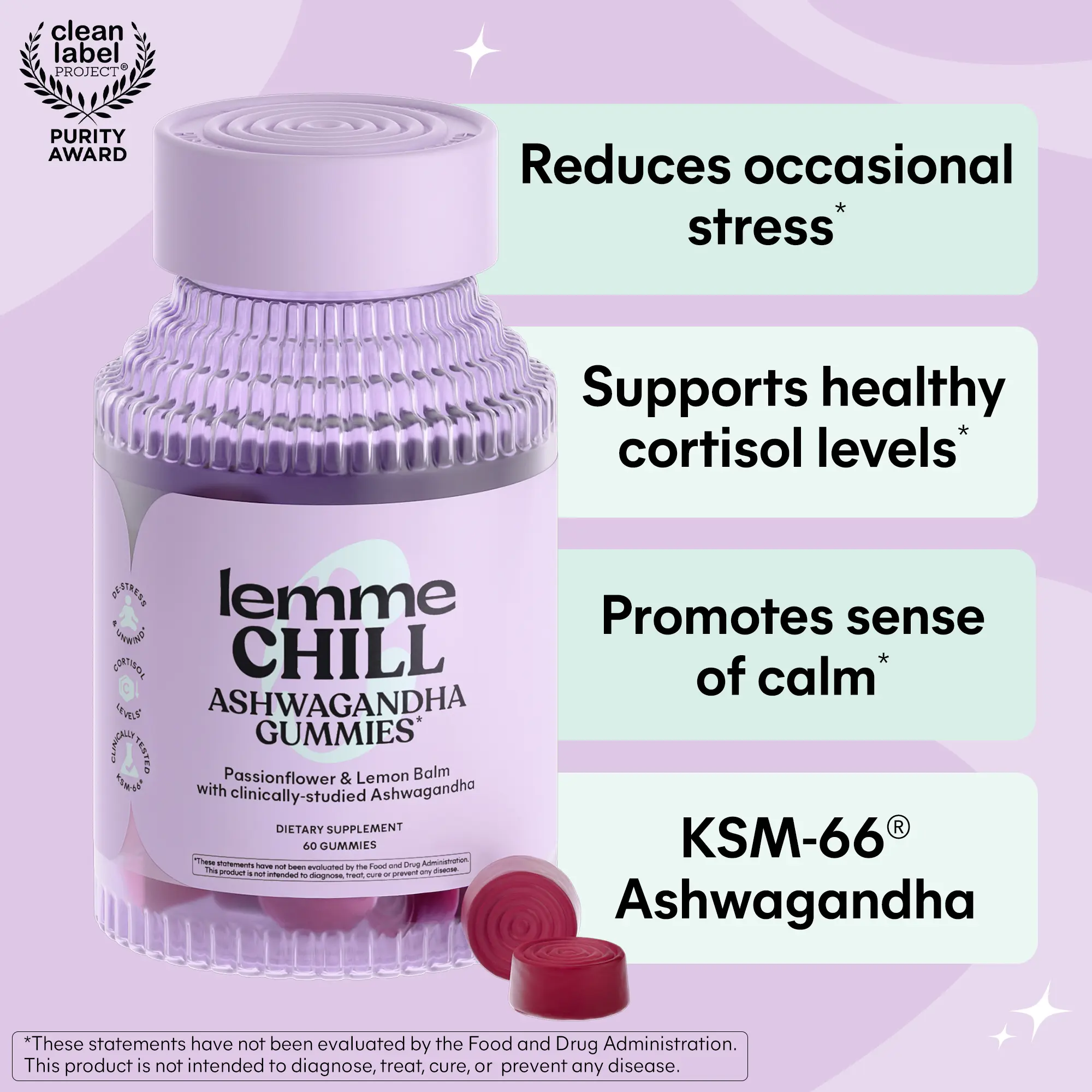 Lemme Chill Stress Relief Gummies with 300mg KSM-66 Ashwagandha, Lemon Balm, Passionflower & Goji to Support Relaxation, Healthy Cortisol & Sleep - Gluten-Free, Non-GMO, Mixed Berry (60 Count)