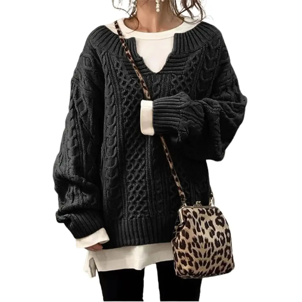 Chouyatou Women's Winter Comfy Chunky V-Neck Long Sleeve Loose Cable Knitting Straight Sweater Pullover, Skinny-Friendly Fall Outfits T-Shirt Alternative, Solid,back to school,back to school shopping, Soft