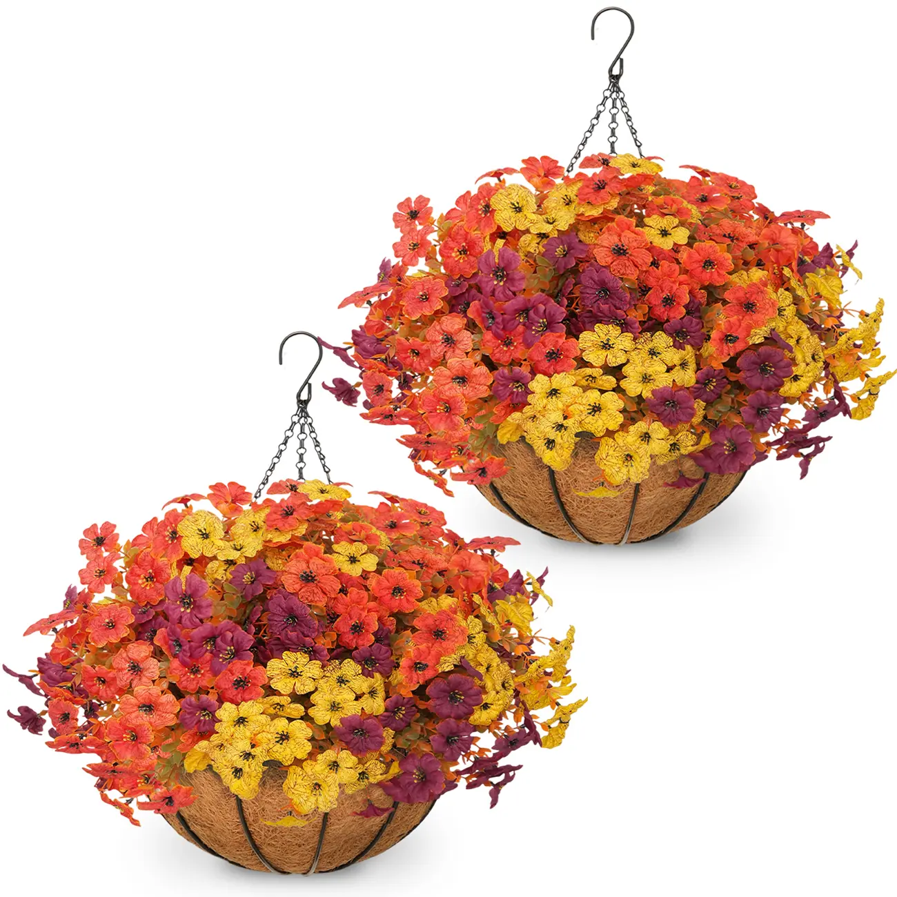 2 Set Artificial Outdoor Fall Flowers with Hanging Basket, 2 Packs Hanging Planters with 24 Pcs Faux Fall Mums for Autumn Front Porch Garden Patio Home Decor (2, Orange,Yellow,Burgundy)