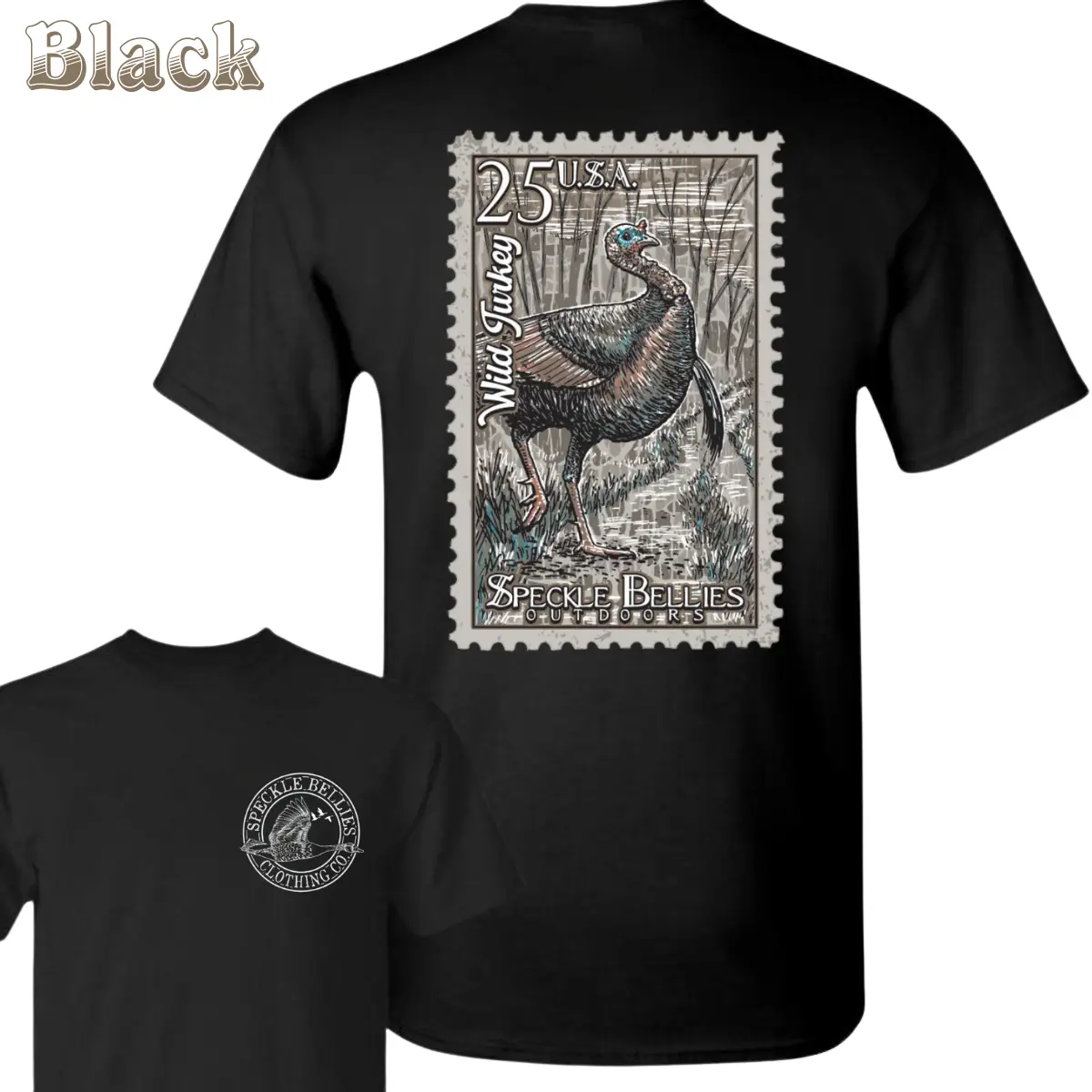 Men's Turkey Hunting Graphic Tee, Vintage USA Woodland Postage Stamp Print, Thick 100% Cotton Top with Ribbed Crewneck for Hunters, Tshirt, Soft, Postage Stamp Graphic, Yarn, Fabric, Shortsleeve, Round Neck