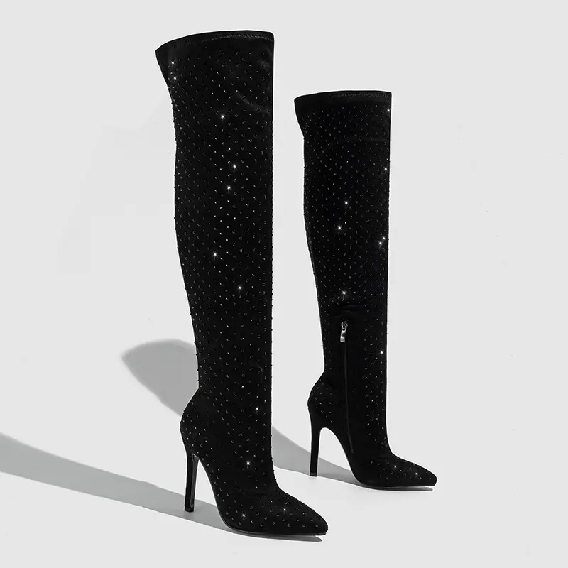 Women's Rhinestone Stretchy Thigh-High Pointed Toe Stiletto Dress Boots - 4.33in/11cm Heel, Elastic Fabric, Side Zip, Stretchy & Secure Fit, Bling Watch Party Statement Shoes for Fall Winter Night Out, Elegant, Over-The-Knee