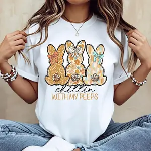 Casual Cotton Short Sleeve TShirt Featuring Easter Bunny Design and Chill With My Peeps Graphic Ideal for Summer Wear Machine Washable Made in USA