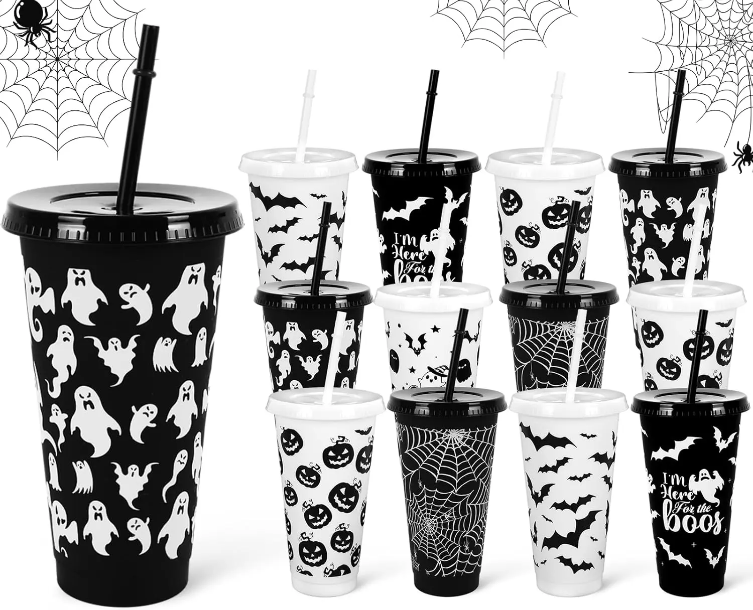 Cozy Fall Halloween Gift 24Pcs Halloween Plastic Cups with Straws Lids 24oz Reusable Ghost Bat Pumpkin Spider Web Plastic Tumbler Black White Cold Cups for Halloween Home Office Party Supplies