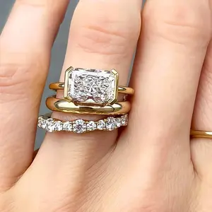 【#60】3 Piece Ring Set S925 Sterling Silver 4 Carat Lab Grown Gemstone Main Ring Women's Engagement Proposal Ring