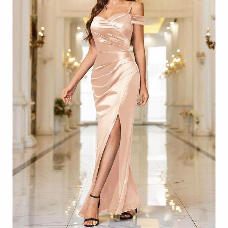 Off Shoulder Satin Slit Maxi Dress Women Formal Evening Party Guest Navy Blue Wrap Ruching Spaghetti Strap Wedding Graduation Bridesmaid Workwear Minimalist Elegant X1445