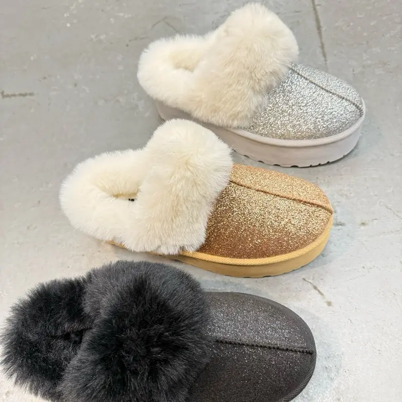 PLATFORM SPARKLY FUR SLIPPERS