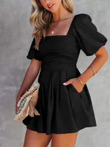 Women's Black Square Neck Ruched Puff Sleeve Rompers Summer Beach Vacation Short Gowns Casual Daily Sun Suits Elegant Party Mini One Piece Outfits