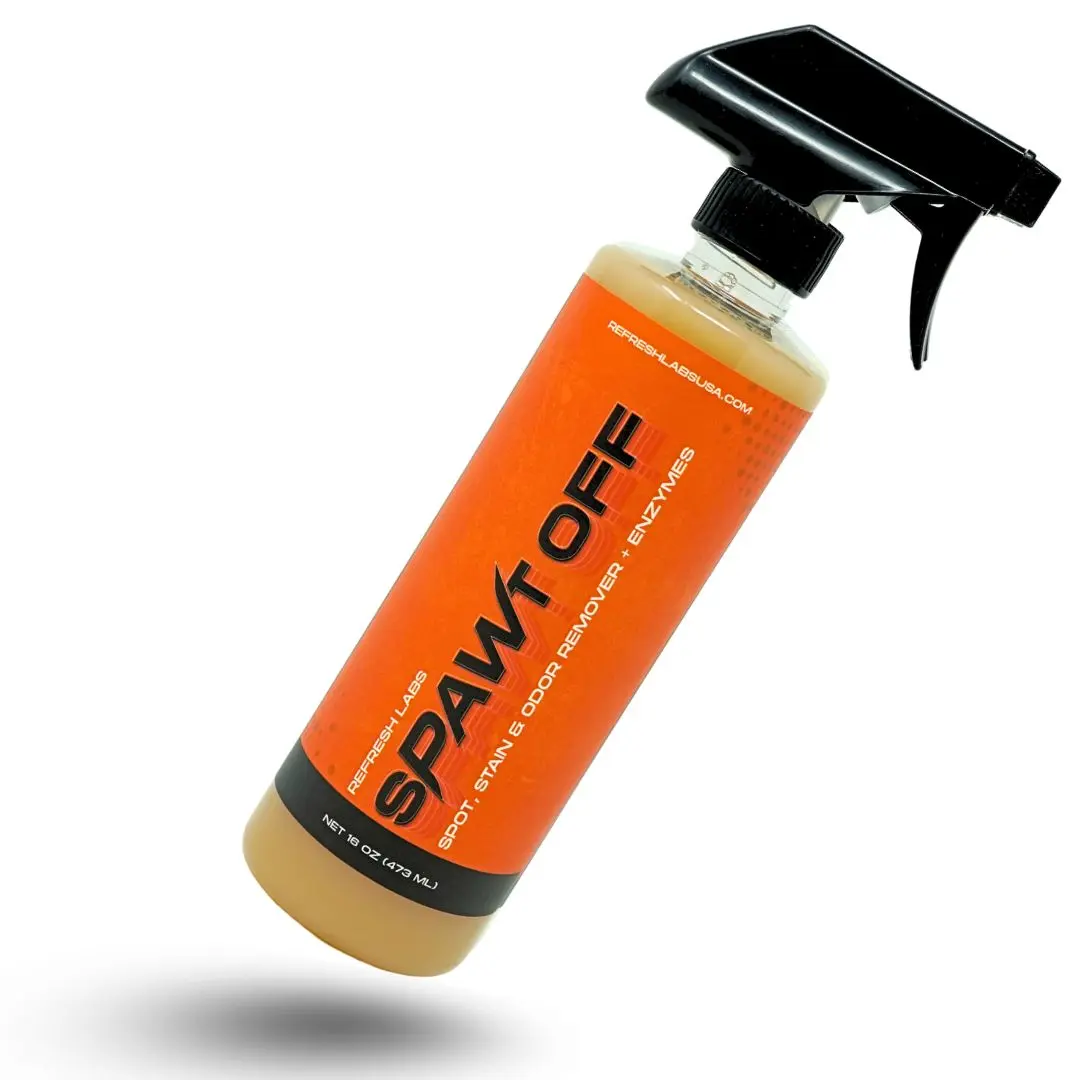 Refresh Labs USA SPAWt OFF Enzymatic Pet Odor Eliminator & Stain Remover Deodorizer Spray - Pro-Grade Bio-Based Cleaner with 7-Strain Active Enzyme Technology, Caramel & Almond Scent, for Dog/Cat Messes, Laminate, Grout, Tile