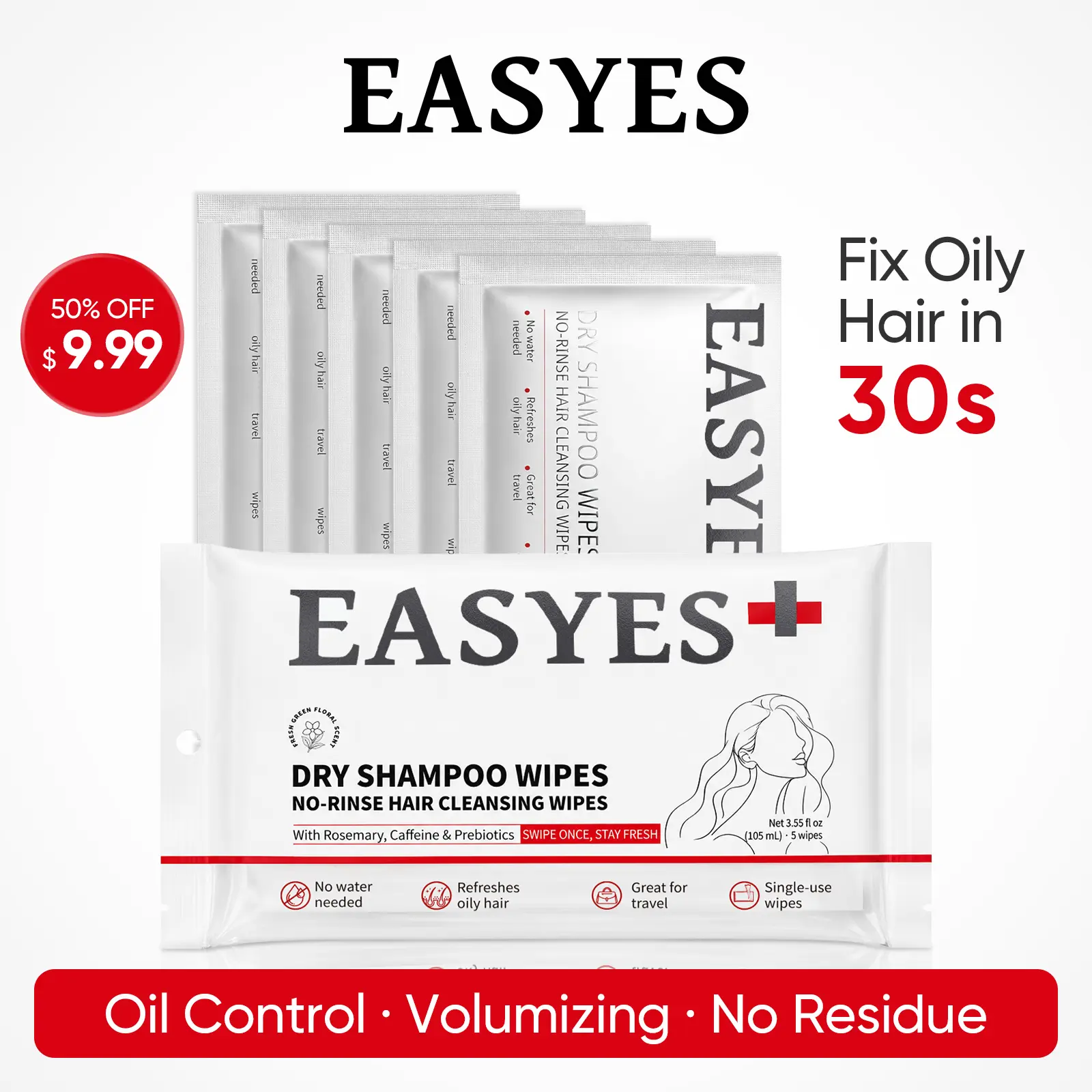 【EASYES】Dry Shampoo Wipes (5 Wipes)– Fix Oily Hair in 30 Seconds, No Water Needed, No White Residue, Instant Volume & Oil Control, On-the-Go Hair Refresh #backtoschool