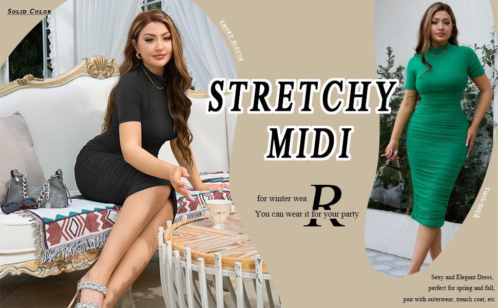 OYS Women's Elegant Bodycon High Neck Short Sleeve Ruched Midi Formal Cocktail Dress Polyester Mesh Back Zipper