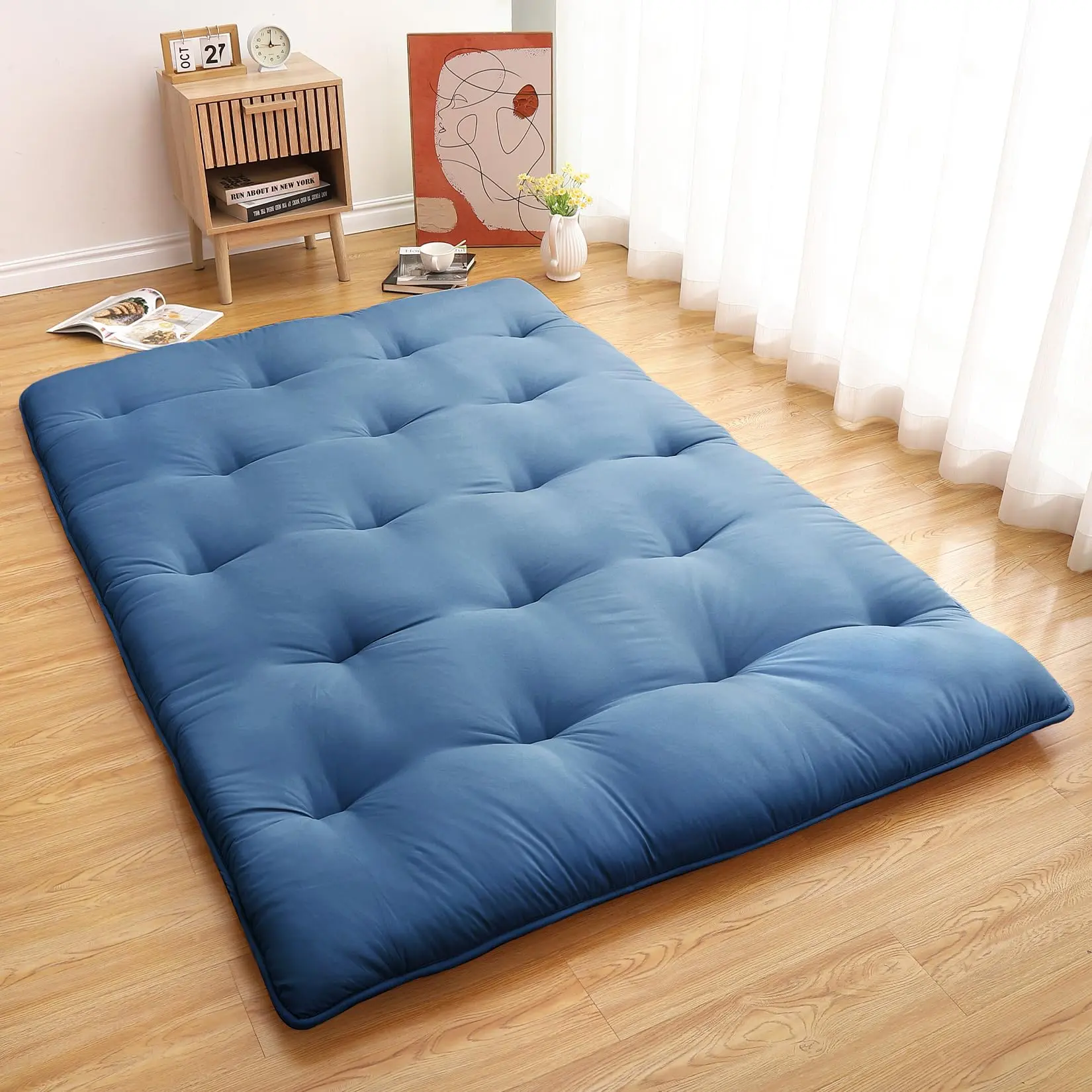 GARVEE Explore the GARVEE Japanese Futon Mattress Collection: Foldable and Versatile Tatami Mats in Full and Twin Sizes, Perfect for Adults, Dormitories, Camping, and Guests; Available in Navy Blue, Light Grey, Coral, and Army Green.
