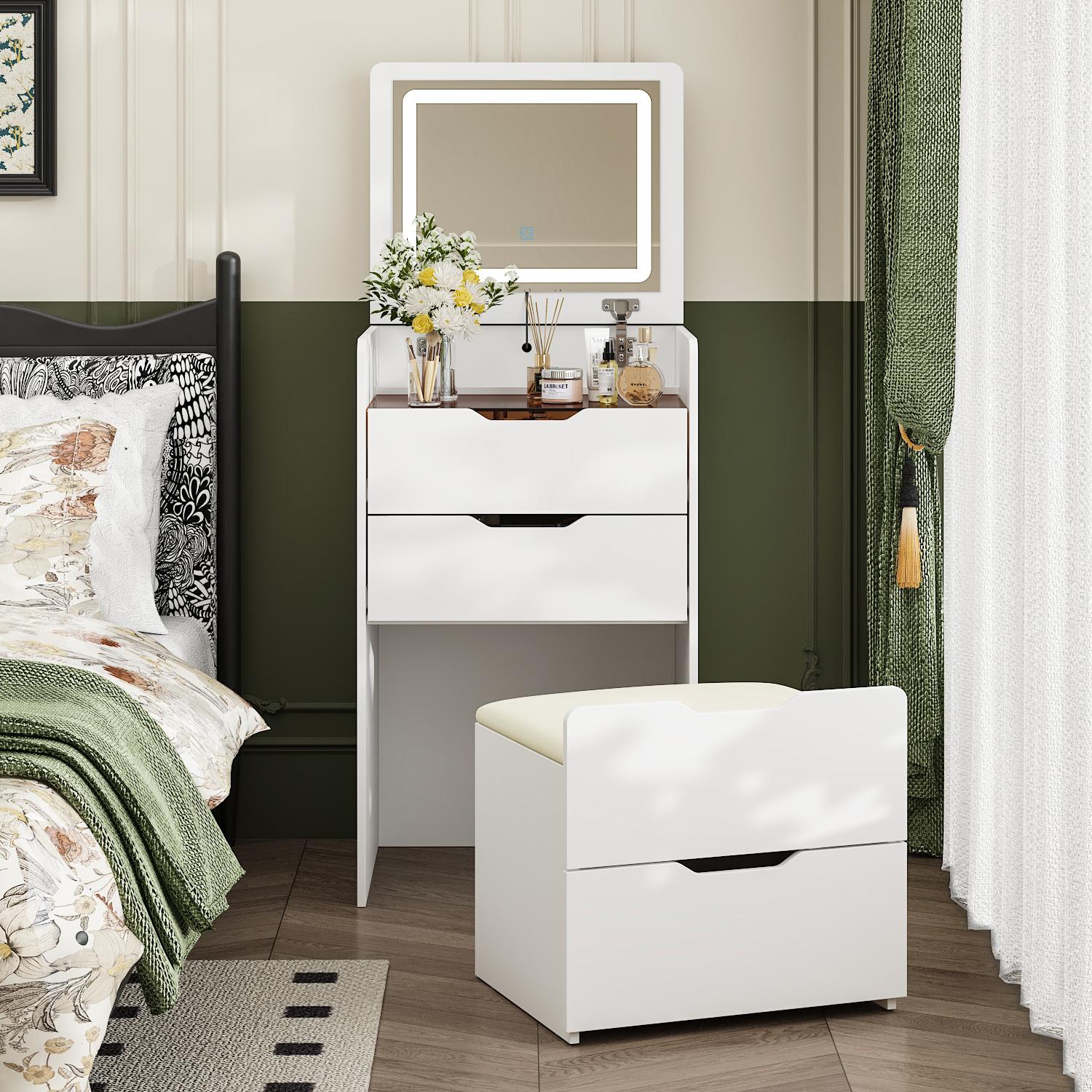 FUFU&GAGA 4 Types Makeup Vanity Desk with 3-Lights Mirror and Drawers for Makeup Equipped with Stool