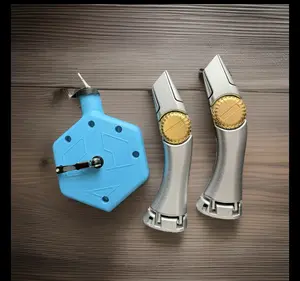 SET, 1 Piece of 100-foot chalk line tool, 2-Piece silver fixed-blade roofing utility knife with 3 functions for 6 blades,