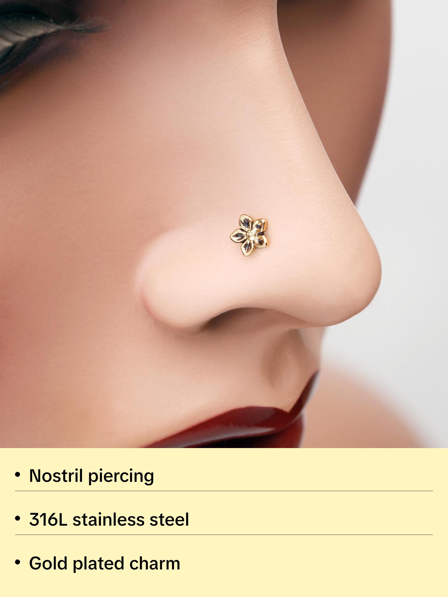 Golden Antique Violet Flower L-Shaped Nose Ring 316L Stainless Steel Gold Plated 20 GA Daily Wear Charm Piercing Jewelry