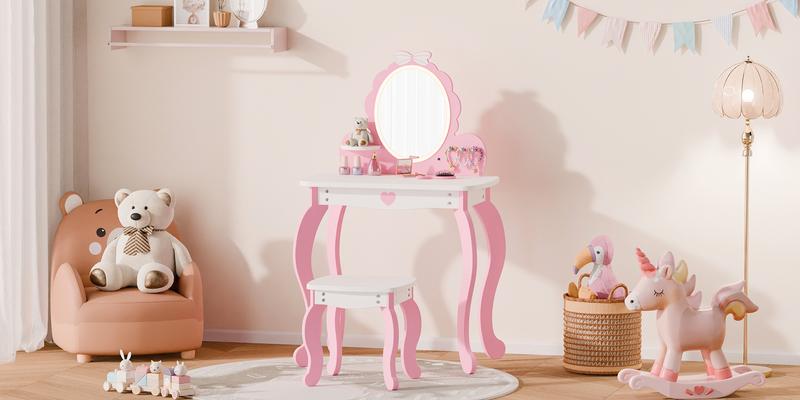 Topwin Kids Vanity Set, Kids Make up Vanity with Lighted Mirror and Stools, Princess Dressing Table for Toddler, Little Girl, Pink