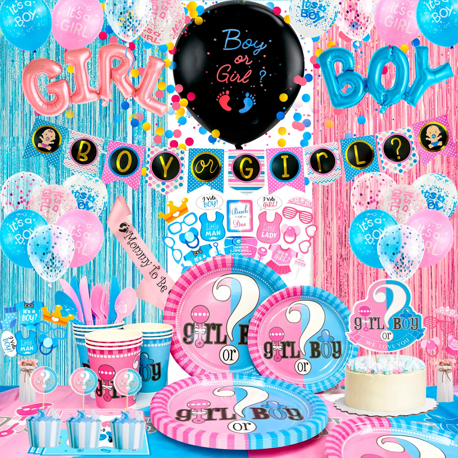 Gender Reveal Party Decoration Pack,158pcs Gender Reveal Decorations Kit Includ Gender Reveal Plates Cups Table Cloth & Boy or Girl Foil Balloons Banner Cake Toppers etc Gender Reveal Party Supplies