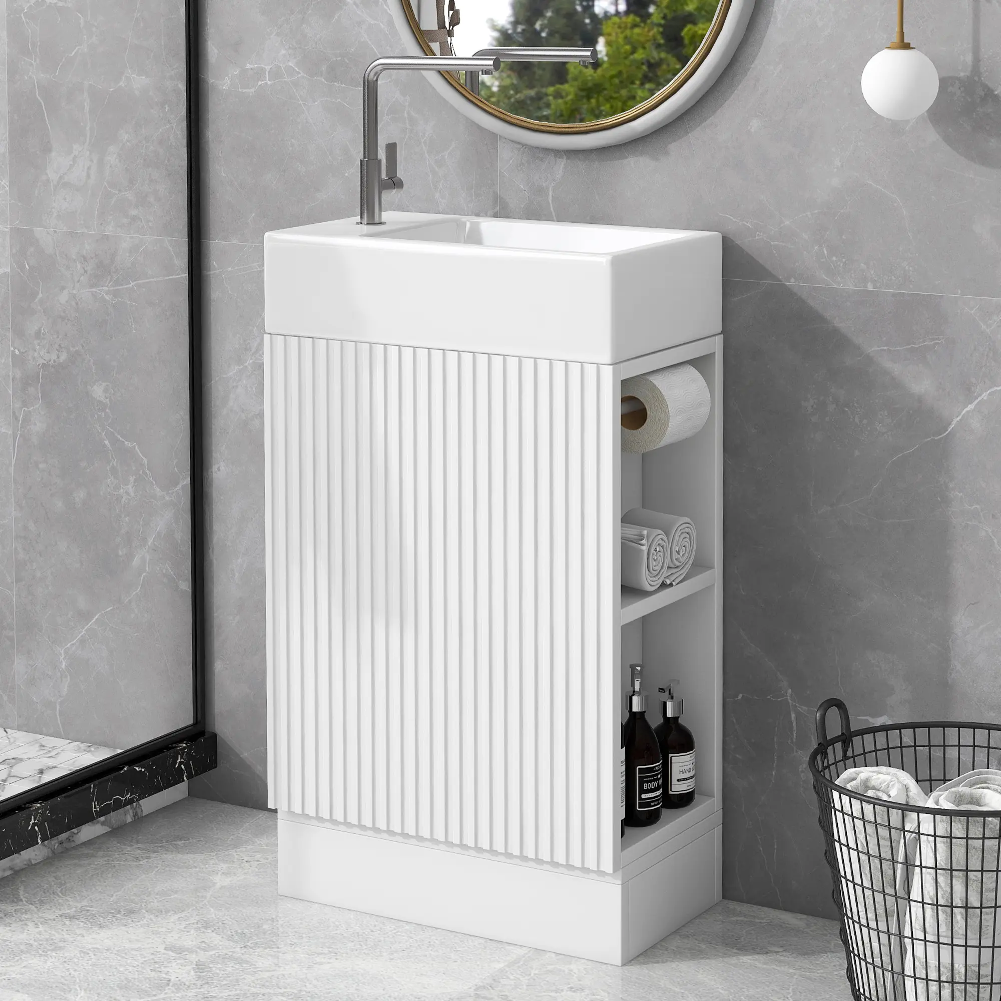 Compact 18.6-Inch Bathroom Vanity with Ceramic Sink & Two-Tier Side Shelf, White MDF Cabinet, Reversible Toilet Paper Holder, Ideal for Small Bathrooms & Powder Rooms