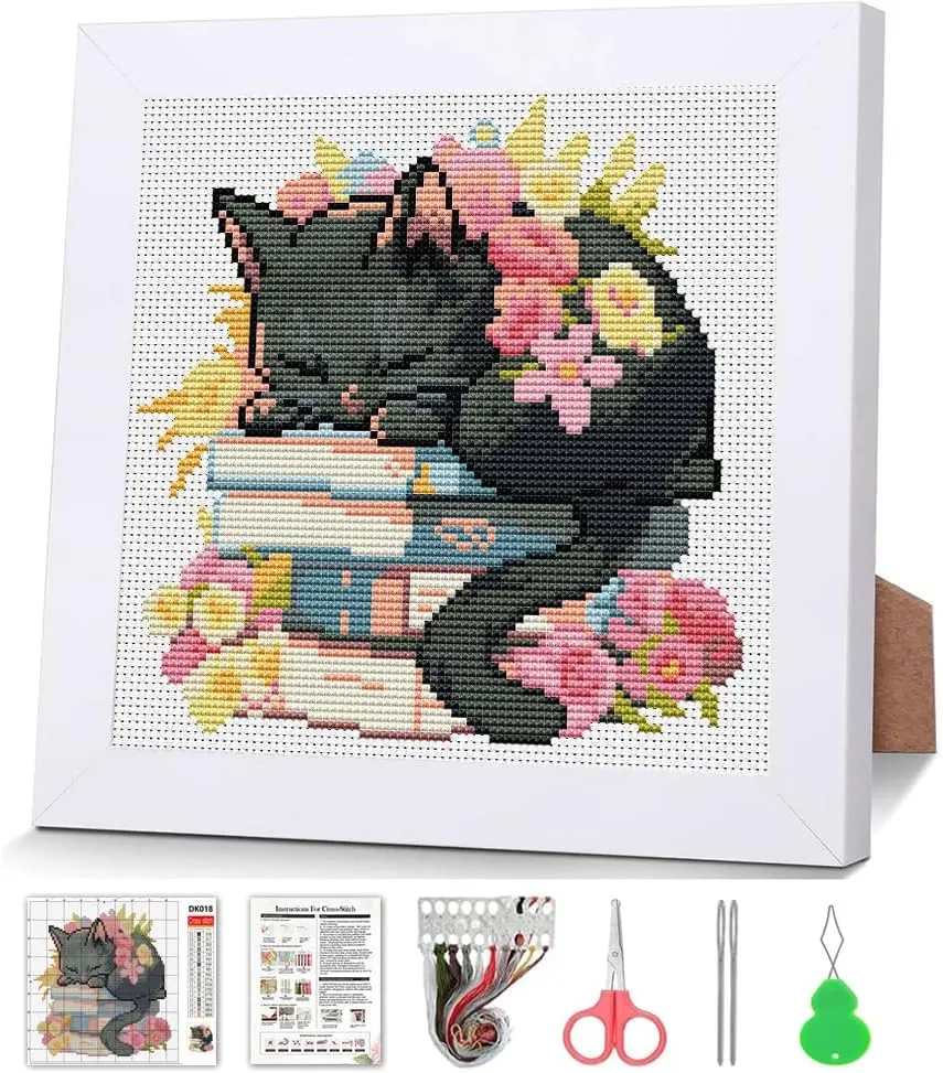 Black Cat Cross Stitch Kits For Beginner,Flowers Stamped Cross Stitch Kits Crafts For Adults with Wooden Framed,Partial 11CT Home Decor 7.9x7.9inch