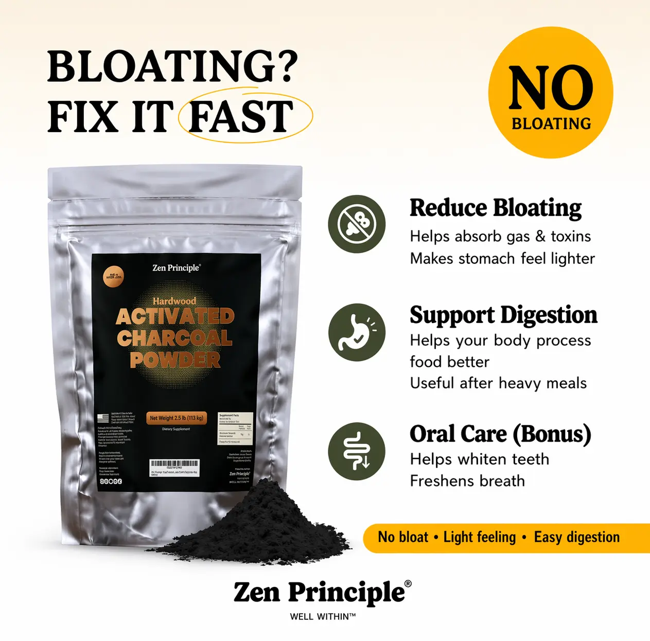 Zen Principle Hardwood Activated Charcoal Teeth Whitening Powder - Natural Dental Care for Pearly Whites, Edible Food Grade Supplement, Kosher, Made in USA, Dental Care Teeth Whitening, Mouth Care, Brighten Teeth Whitening