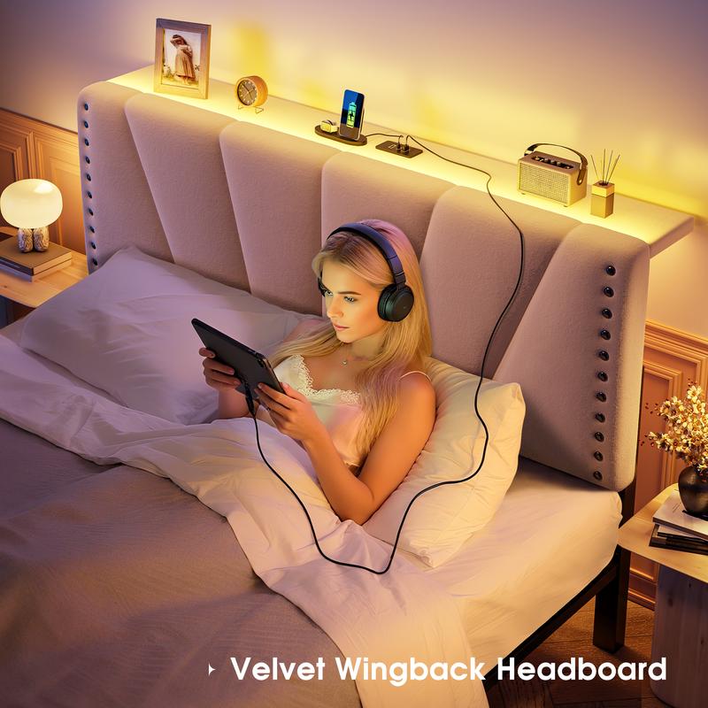 Bed Frame King Size with LED lIghts & Charging Station, Upholstered Queen Bed Frame with Shelves, Luxury Bedframe, Bedroom FurnitureNo Mattress, Noise Free, Holds 880LBS, Wood Slats & Metal Frame, Beige, Gray Bed Frame King Size with LED lIghts & Charging Station, Upholstered Queen Bed Frame with Shelves, Luxury Bedframe, Bedroom FurnitureNo Mattress, Noise Free, Holds 880LBS, Wood Slats & Metal Frame, Beige, Gray