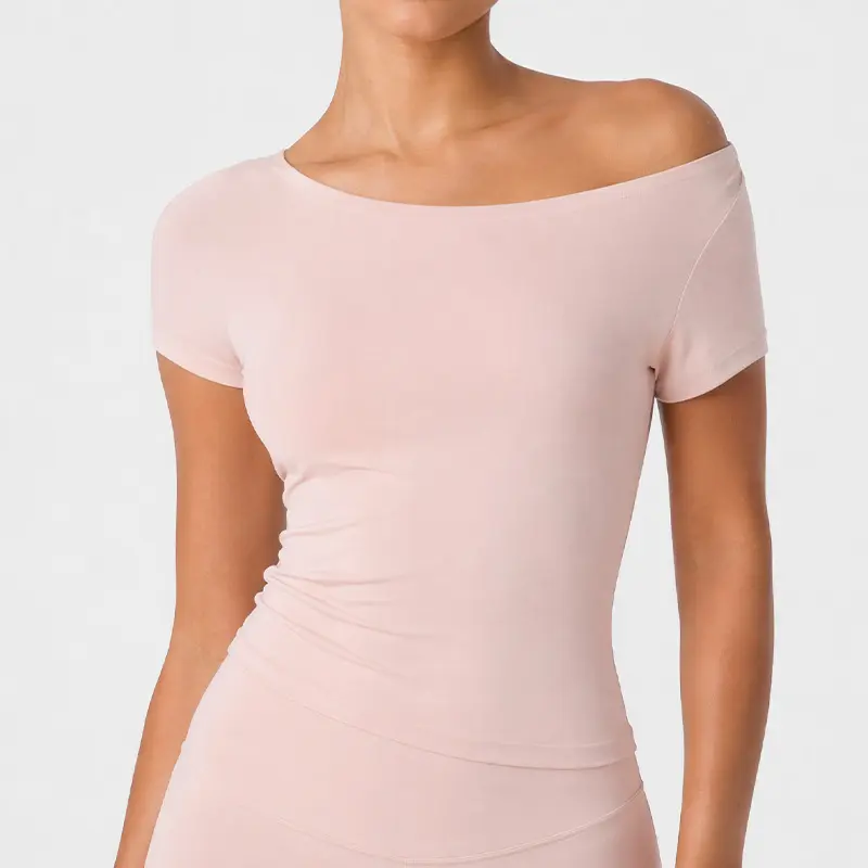 Nude-feel off-shoulder short-sleeve women's t-shirt, high-elasticity, waist-slimming, slim-fit, sporty, off-shoulder yoga top