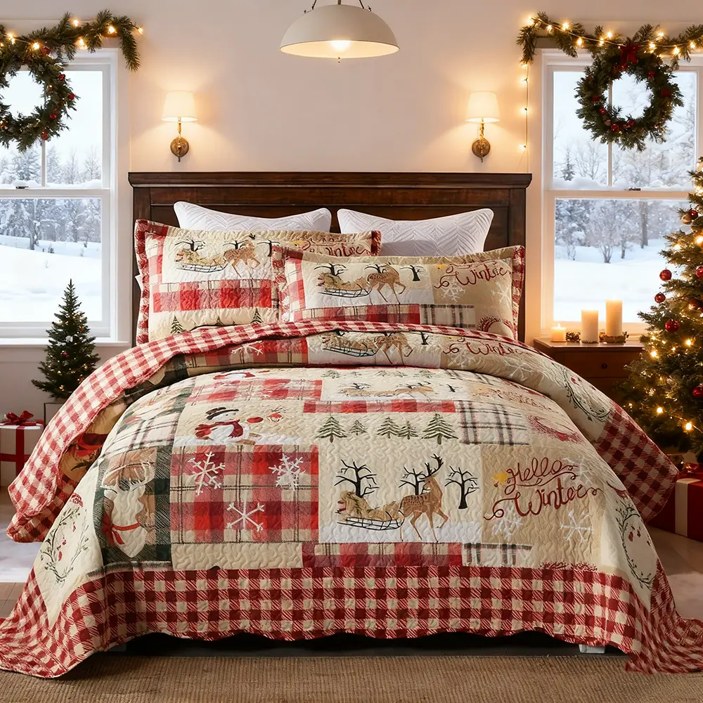 Christmas 3-Piece Flat Weave Bedding Set - Queen/King Size, Breathable All-Season Textile, Rustic Cabin Lodge Bedding with Festive Animal Print (Snowman & Reindeer), Holiday Red Decor, Gift-Ready Set