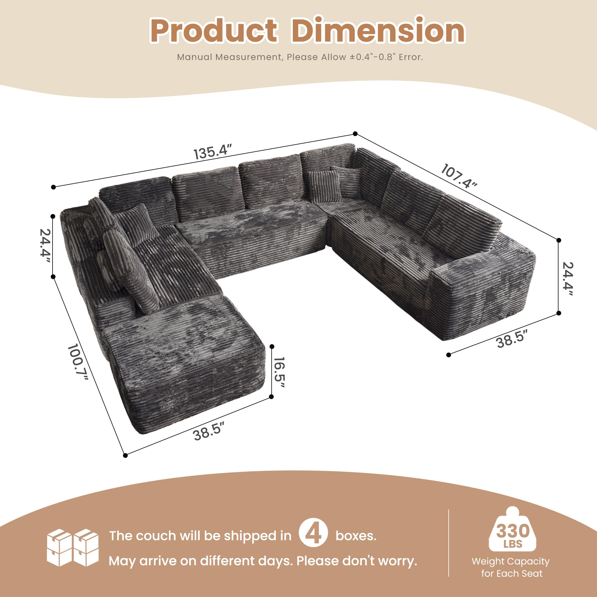Boneless Cloud Sectional Sofa Couches,Modular Sectional Sofa No Assembly, Plush Corduroy Large U Shaped Floor Couch Set with Deep Seat Ottoman for Living Room