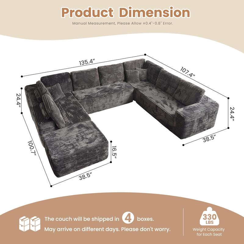 Boneless Cloud Sectional Sofa Couches,Modular Sectional Sofa No Assembly, Plush Corduroy Large U Shaped Floor Couch Set with Deep Seat Ottoman for Living Room