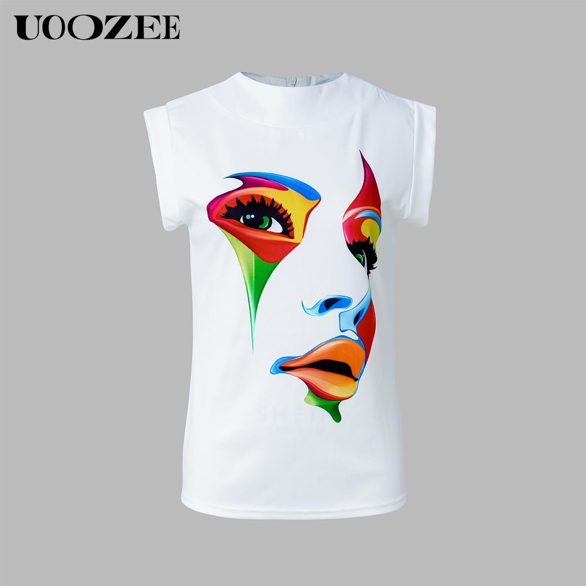 Women's summer comfortable casual cap sleeve loose 3D human face print high collar T-shirt top, daily leisure, comfortable and breathable cute shirt Womenswear Tshirt