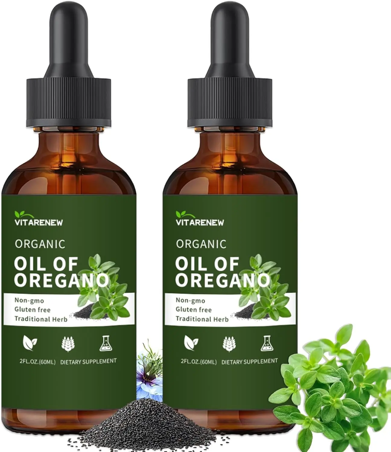 Organic Oregano Oil Drops (80% Carvacrol) - Herbal Oil, Antioxidant-Rich Vegan Healthcare Supplement with Black Seed & Vitamin E, Immunity Boost, Gut Support, 2-Pack (2 Bottles)
