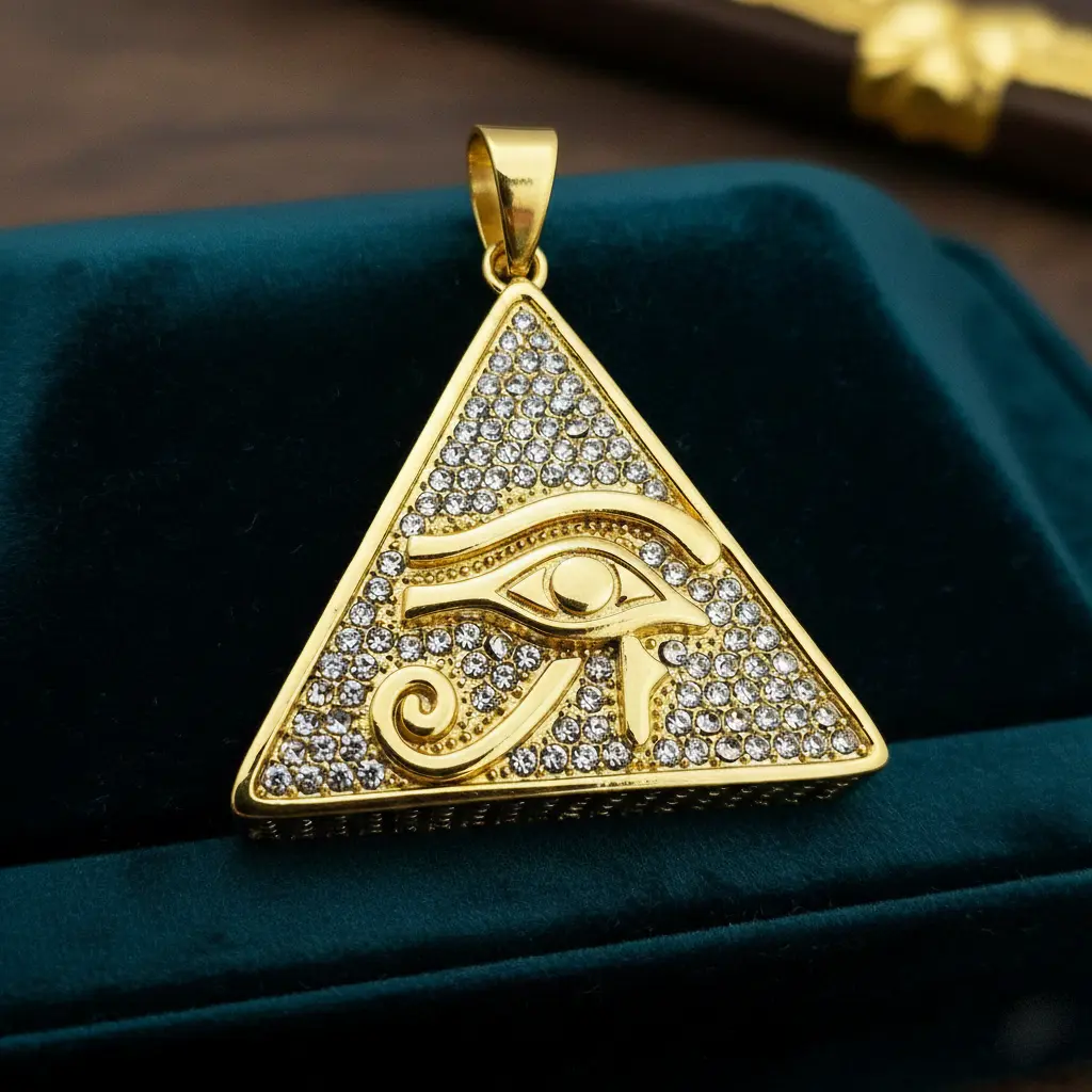 MaxBling81 Unisex Egyptian Horus Eye Pyramid Charm Pendant - 50x40mm Stainless Steel, Iced Cubic Zirconia, Polished Finish, Non-Tarnish Fashion Accessory, Hip Hop Energy, Pyramid Shape, Unisex Style Fit, Stylish Accessories, Gift Idea, Casual Street Wear,