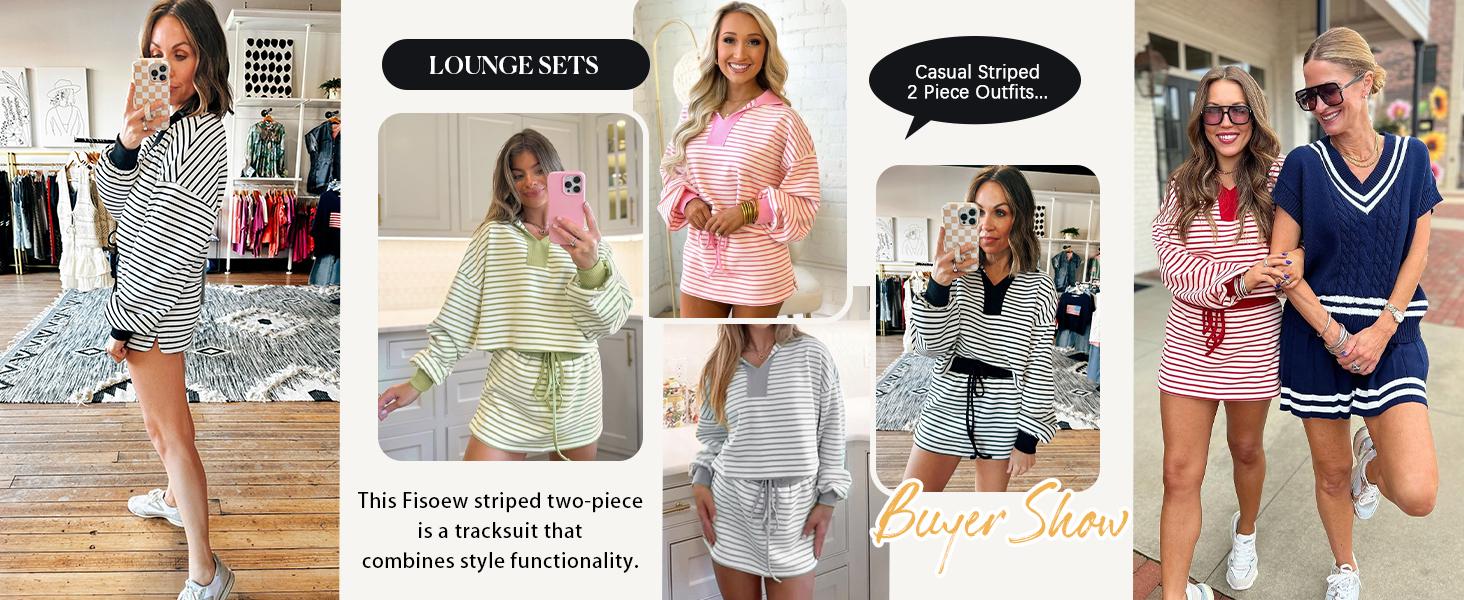 Fisoew Womens Striped 2 Piece Outfits Casual Sweatshirt Skirt Set Long Sleeve Skort Workout Set Matching Lounge Sets SpringStatements