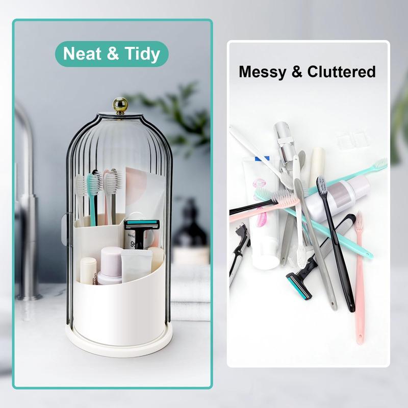 TikTok Viral Bathroom Organizer with Sliding Lid Christmas Gift Idea,Rotating Toothbrush Holder with Sliding Lid 3 Slots,Bathroom Counter Organizer for Makeup Brushes and Toothbrush,No-Drill Bathroom Storage,Water-Resistant Organizer,Home Must-Haves,White
