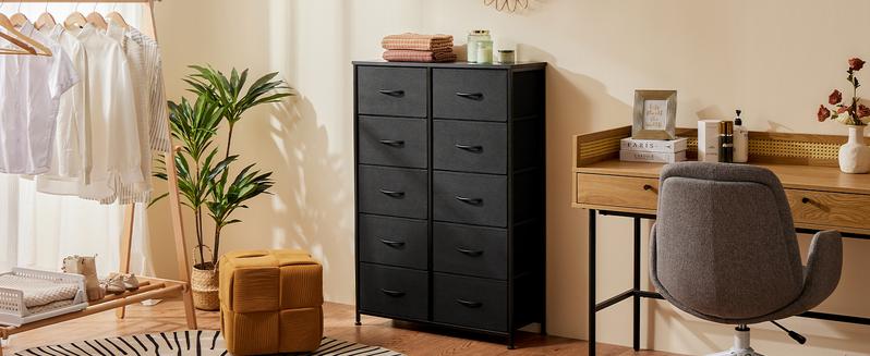 Sweet Furniture F Dresser - Fabric Storage Tower with 10 Drawers, Bedroom Drawer Dresser Organizer, Chest of Drawers with Fabric Bins, Steel Frame and Wood Top for Bedroom, Closet, Entryway Assembled