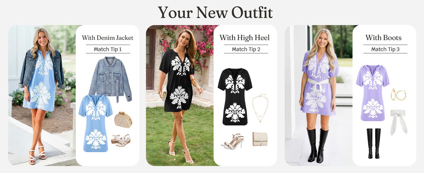 Wenrine Women's Puff Short Sleeve Mini Dress Summer Floral Print Button V Neck Loose Casual Shift Dresses with Pockets