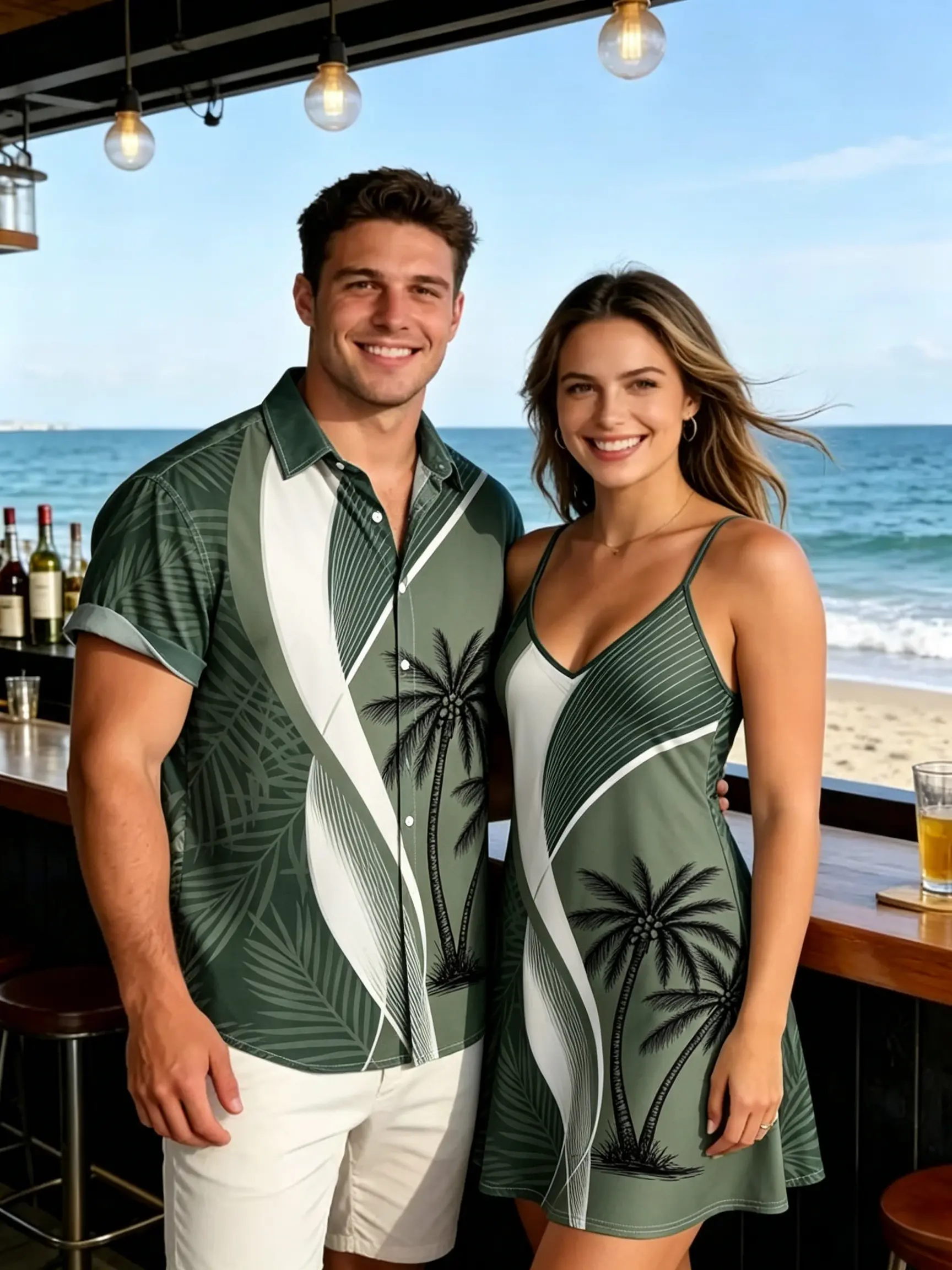 DRESSLILY Couple Match Set - Women's Sleeveless Retro Leaf Print High-Waist Polyester Maxi Dress, Men's Short-Sleeve Button-Up Polyester Shirt (M, L Sizes) with Regular Fit, Stylish Design