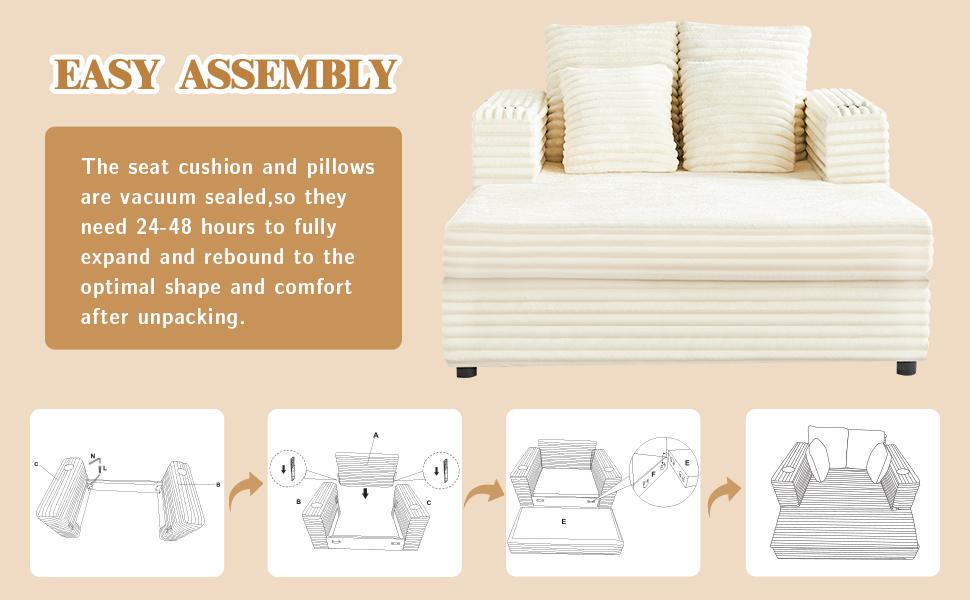 Oversized Chaise Lounge Chair Indoor, 49" Upholstered Sofa Bed with Frame, Plush Faux Fur Sleeper Couch with Throw Pillows, Armrests&Cup Holders, Deep Seat Reading Chair for Living Room, Bedroom,Beige