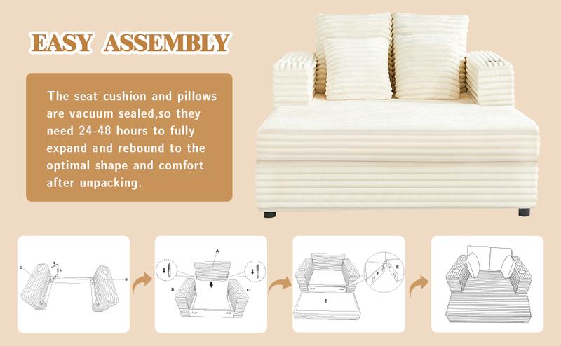 Oversized Chaise Lounge Chair Indoor, 49" Upholstered Sofa Bed with Frame, Plush Faux Fur Sleeper Couch with Throw Pillows, Armrests&Cup Holders, Deep Seat Reading Chair for Living Room, Bedroom,Beige