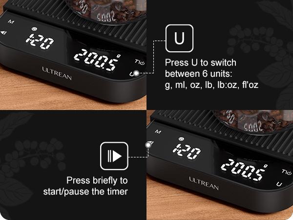 Ultrean Coffee Scale Rechargeable Espresso Scale with Timer 3kg 0.1g Accuracy for Pour Over and Drip Coffee Digital Weighing Machine Ultrean Coffee Scale Rechargeable Espresso Scale with Timer 3kg 0.1g Accuracy for Pour Over and Drip Coffee Digital Weighing Machine