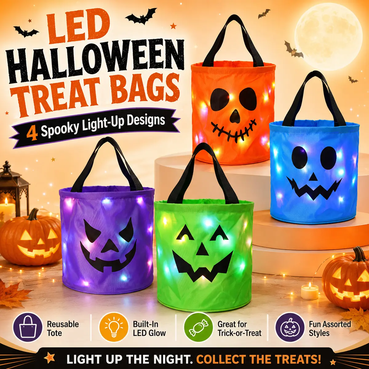 3/4 Pcs Halloween Candy Bucket with LED Lights, 13.39x8.66 Inch Trick or Treat Bags Non Woven Gift Bags Pumpkin Candy Bags Reusable Tote Bags for  Kids Students Adults, Night Light Bags for Garden Lawn Decorations, Halloween Christmas Party Favor Supplies