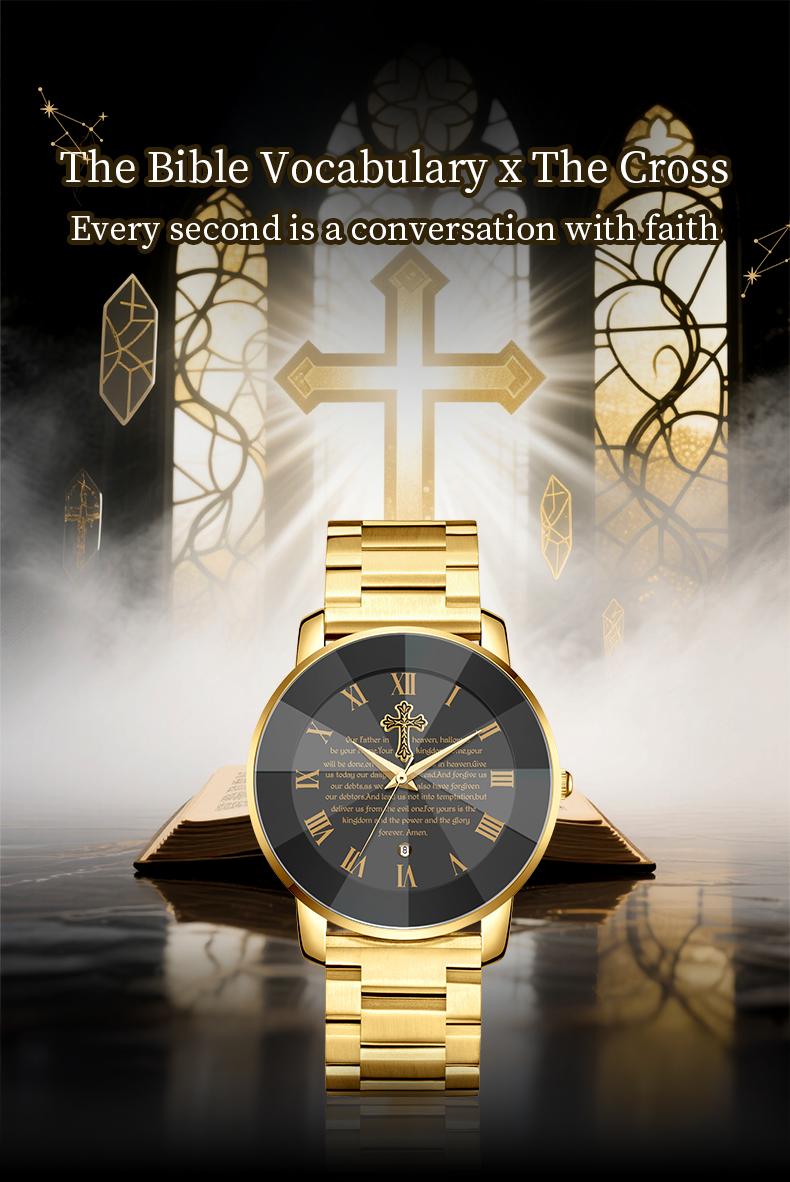 【Holiday Haul】Men's and Women’s Watch with Bible Verse and Cross Design, Waterproof Stainless Steel Band, Business Casual Style, Gold Sapphire Crystal, Perfect Gift for Birthdays, Christmas, and Halloween Quartz Chronograph Rhinestone 【Holiday Haul】Men's and Women’s Watch with Bible Verse and Cross Design, Waterproof Stainless Steel Band, Business Casual Style, Gold Sapphire Crystal, Perfect Gift for Birthdays, Christmas, and Halloween Quartz Chronograph Rhinestone