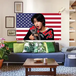 SKZ's Han with a Kitten USA Kpop Flag 3x5ft USA Tapestry 3x5ft for Dorm Bedroom Decorative Flag with Brass Grommet Gift Modern Stripe Design Decoration Items