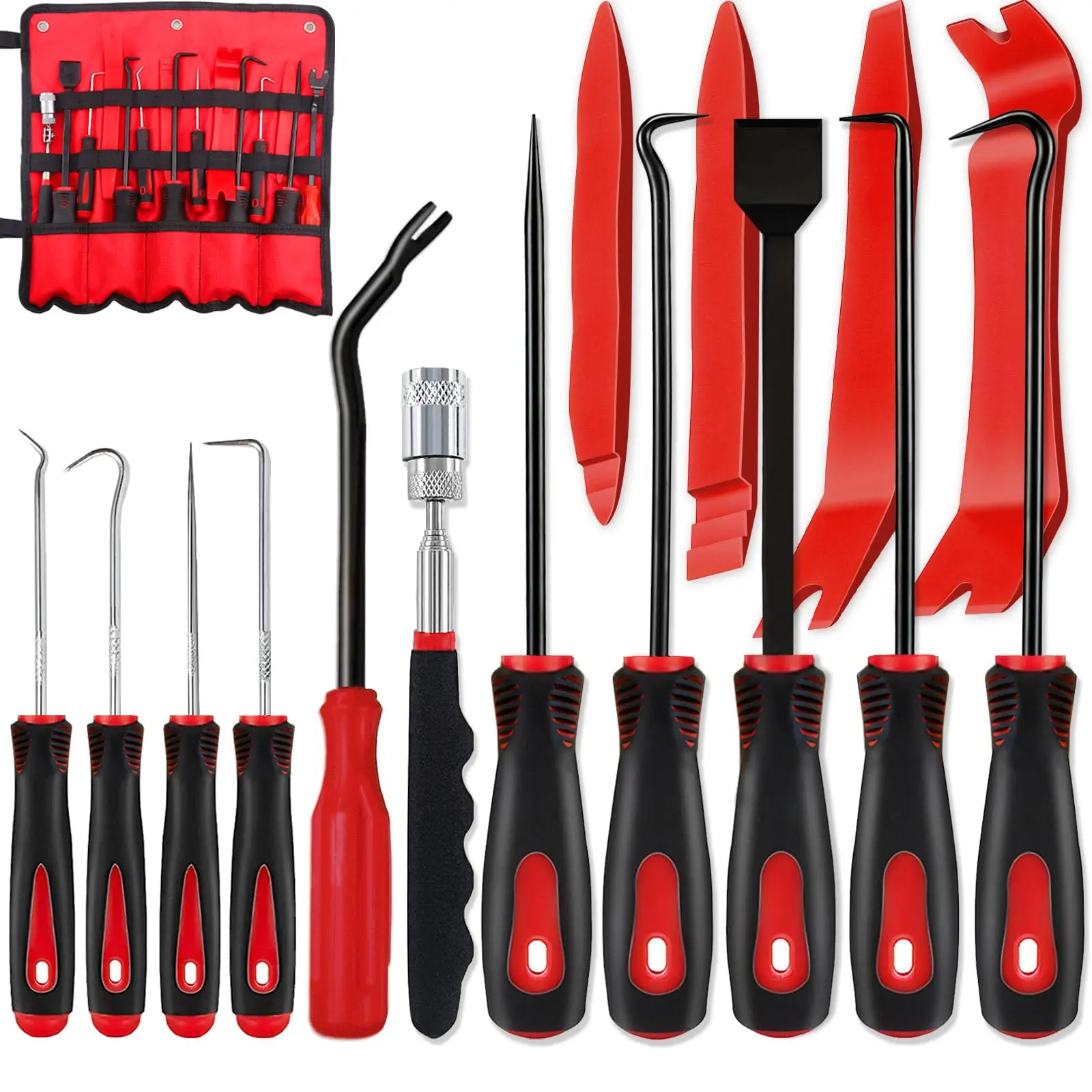 15Pcs Carbon Steel Precision Pick & Hook and Trim Removal Tool Set with Scraper and Magnetic Telescoping Tool Kit for Remove Automotive Electronics Maintenance Hoses Gasket Hand Pick Up Tools