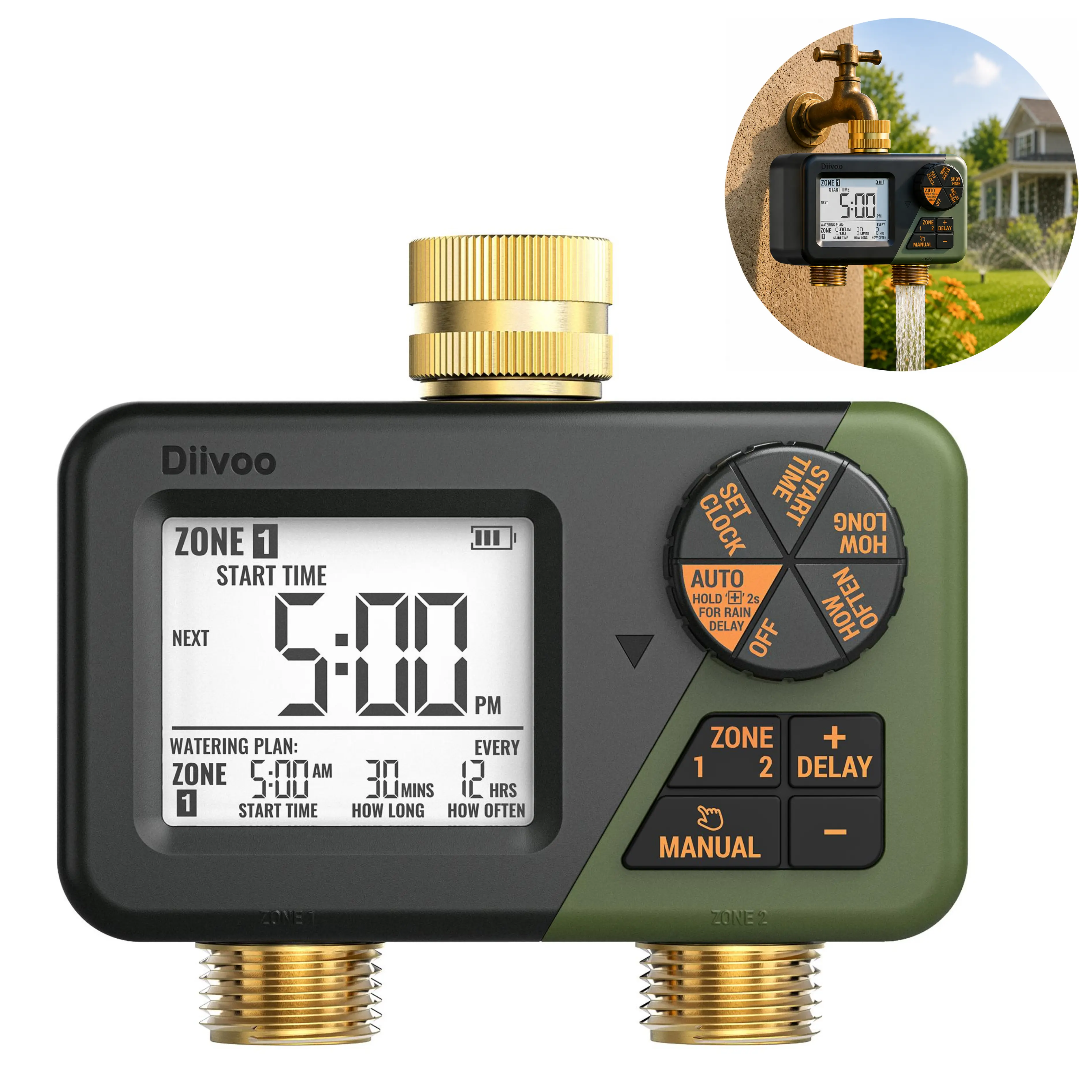 Diivoo Brass Sprinkler Timer 2 Zone, IP67 Waterproof Programmable Water Hose Timer 2 Outlet with Large Display, Rain Delay & Manual Watering for Outdoor Automatic Irrigation of Garden, Lawn, Yard Waterhose Raindelay, Hose Attachment Watering Equipment