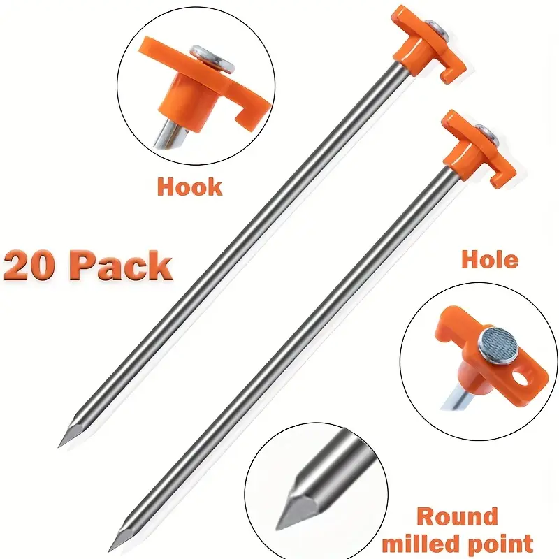 20-Piece 9.8 in Steel-Plastic Tent Stakes - Heavy-Duty, Bend-Resistant, Rust-Resistant, Orange Head Ground Anchors, Durable, Sturdy, Non-Slip, Stable for Camping, Construction