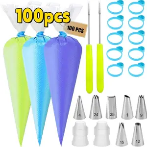 100Pcs Disposable Frosting Piping Bags & Tips Set - 12" EVA Bags,Perfect for Cake/Cupcake/Cookie Decorating | Essential Home Bakery Baking Tools