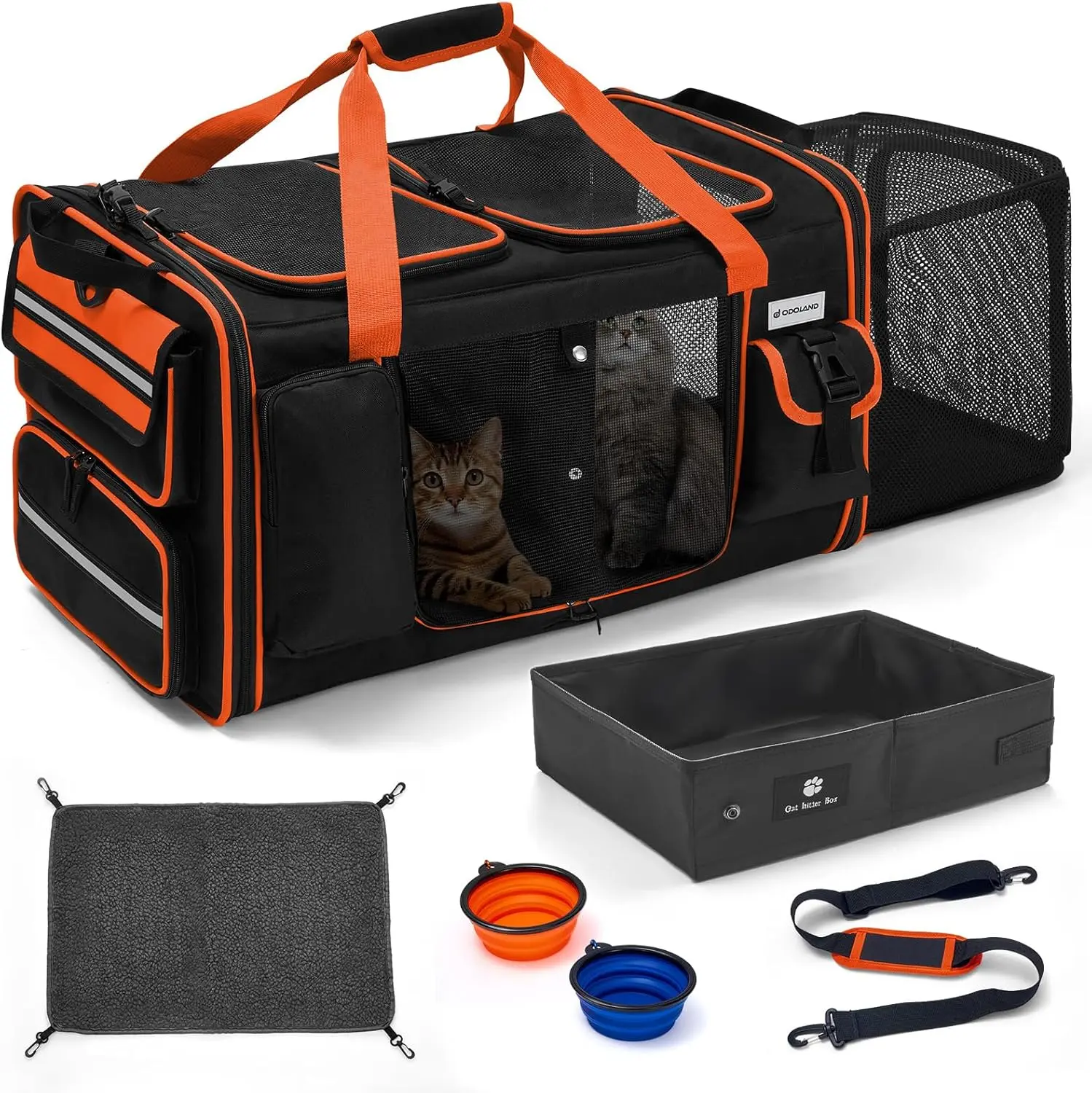 Odoland Expandable Extra Large Cat Carrier for 2 Cats with Litter Box for Kitten, Large Cat Small Dog Pet - Collapsible Double Cat Large Pet Carrier for Car Travel Outdoor Camping