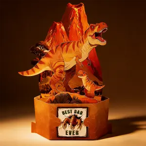 3D Pop Up Dinosaur Volcano Greeting Card With Gold Foil, 3D T-Rex Handmade Card, Perfect For Father's Day Holiday Blessing Gift Card, Creative Gift, Suitable For Father's Day, Birthday, Party, Holiday, Gift Greeting Card